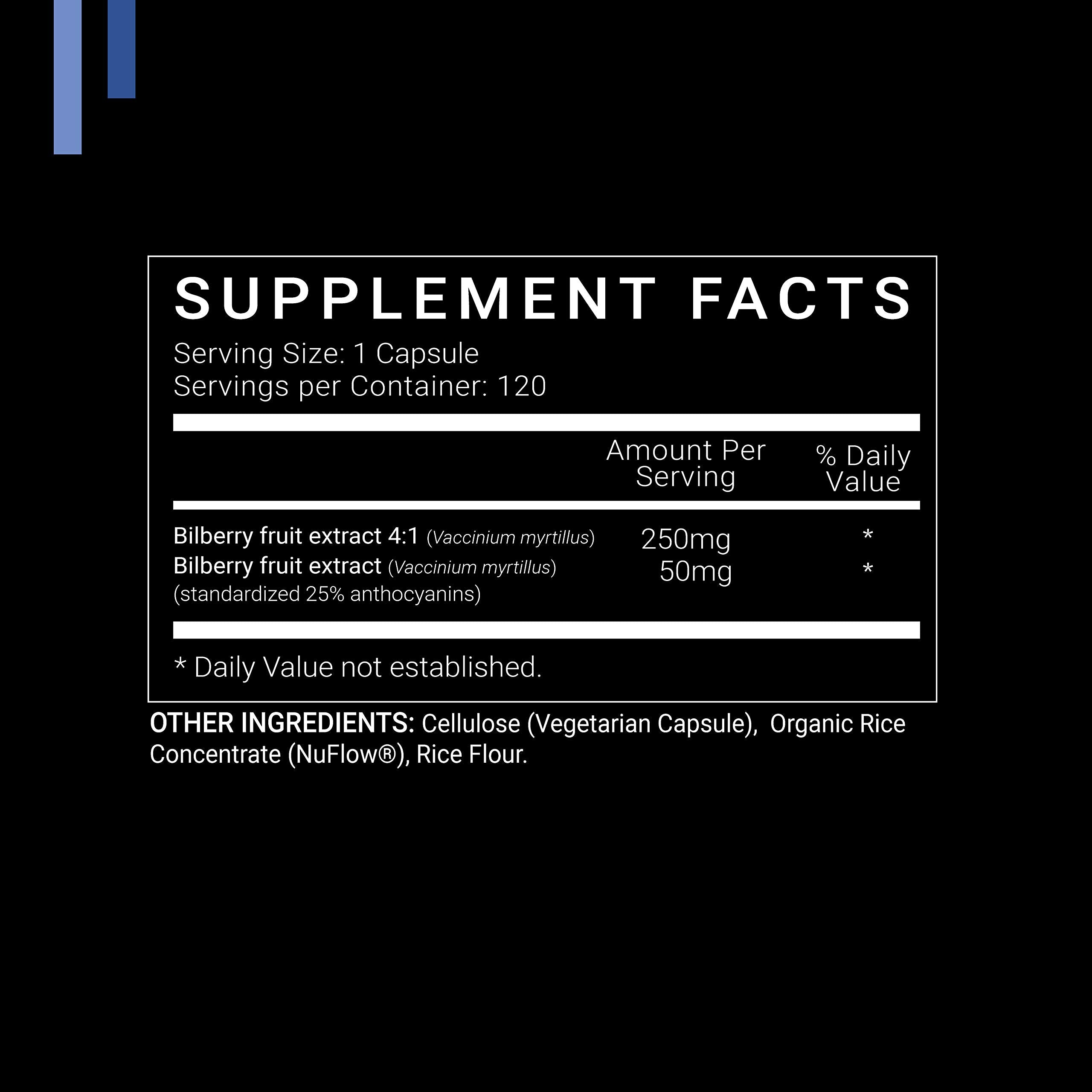 SYMNUTRITION Bilberry Extract bottle back with ingredients and dosage details
