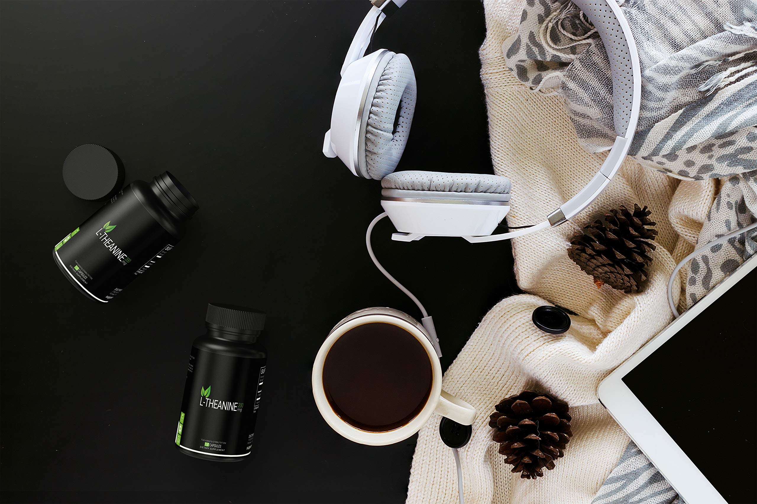 SYMNUTRITION L-Theanine lifestyle scene suggesting calm focus during work or evenings.