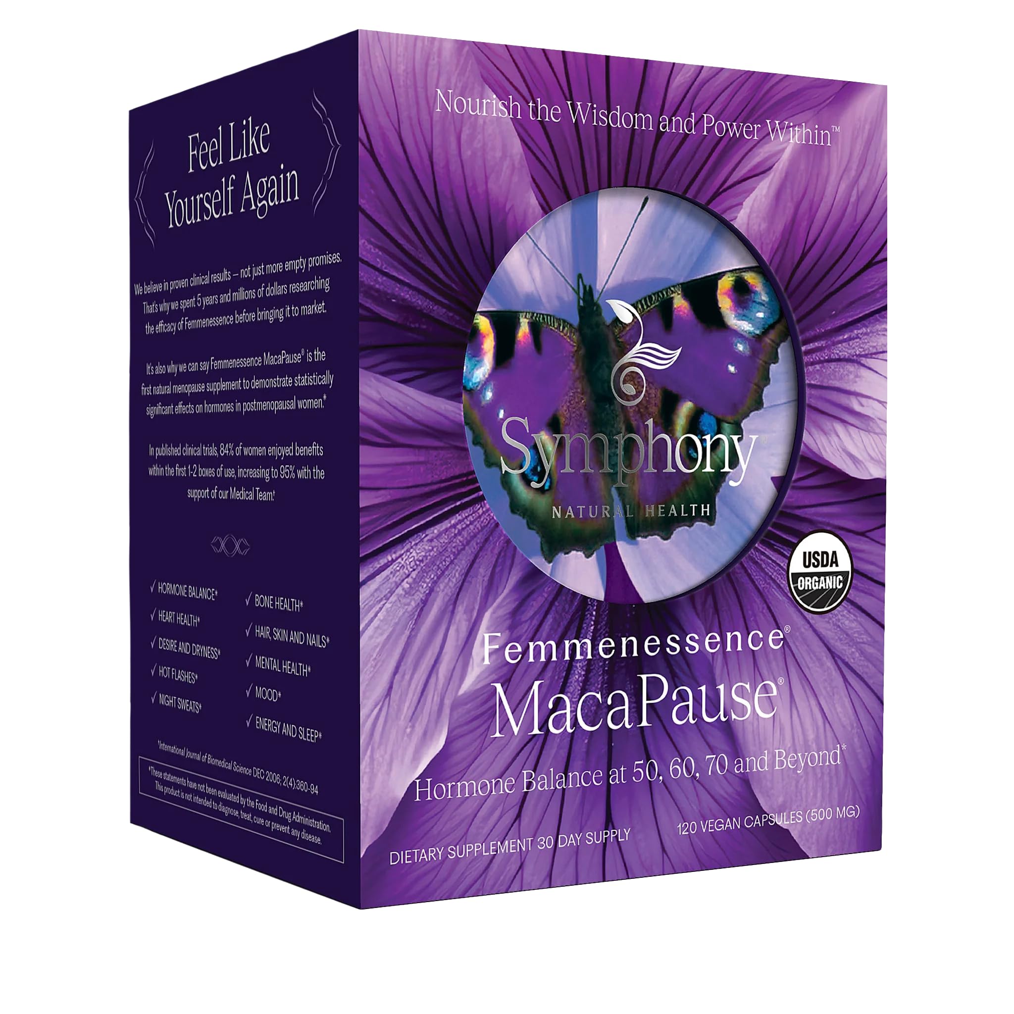 Symphony MacaPause bottle front showing vegan, organic menopause support.