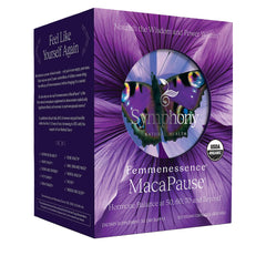 Symphony MacaPause bottle front showing vegan, organic menopause support.