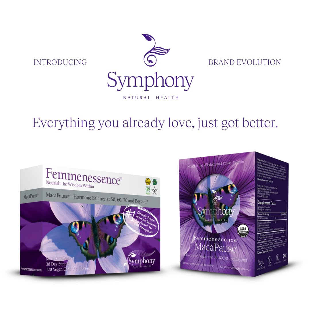 Symphony MacaPause bottle side view with 120 capsules for daily hormone support.