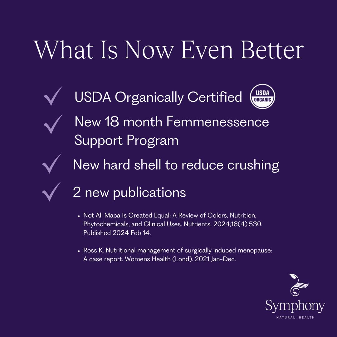 Symphony MacaPause capsules close-up highlighting vegan, organic daily-use formula.