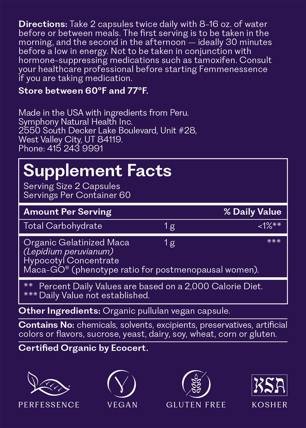 Symphony MacaPause label detail with certifications and clean ingredients.