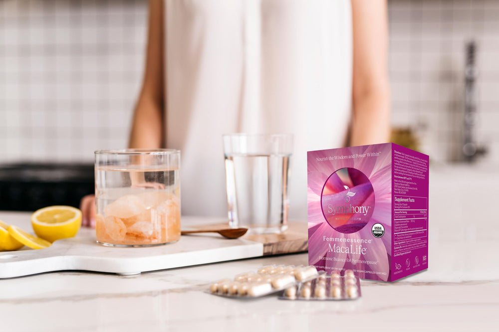 Packaging shows organic seal for Femmenessence MacaLife by Symphony Natural Health