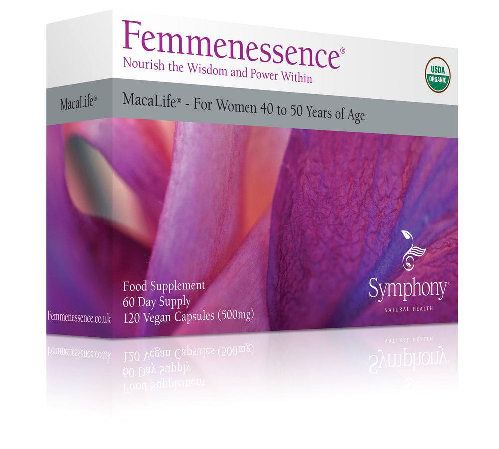 Vegan badge on Femmenessence MacaLife bottle signaling plant-based quality