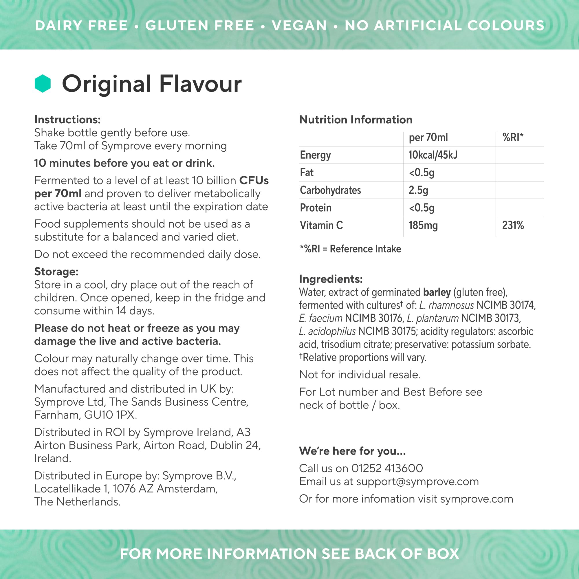 Symprove Original X4 bottle close-up shows premium probiotic formulation.