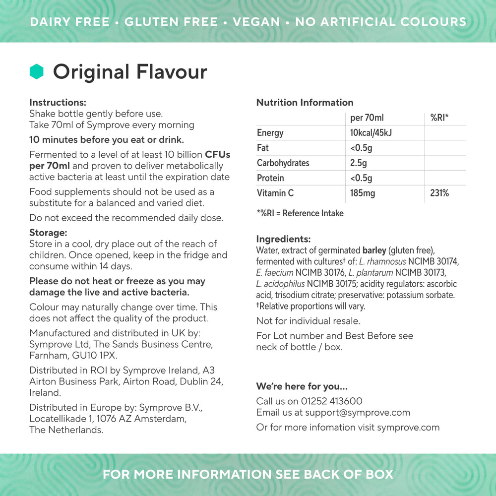 Symprove Original X4 bottle close-up shows premium probiotic formulation.