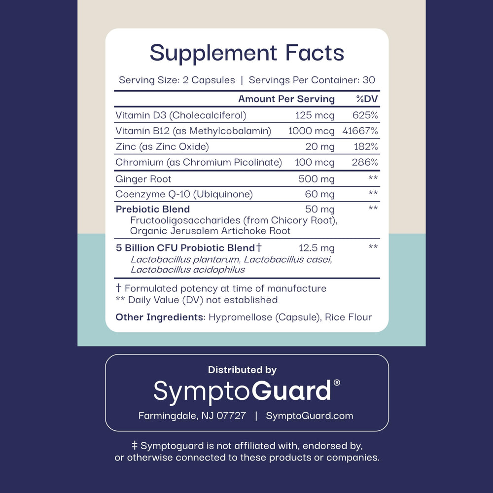 SymptoGuard GLP-1 bottle shown with daily routine scene promotes easy, consistent use.