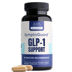 SymptoGuard GLP-1 digestive support bottle front promotes daily gut comfort and routine use.