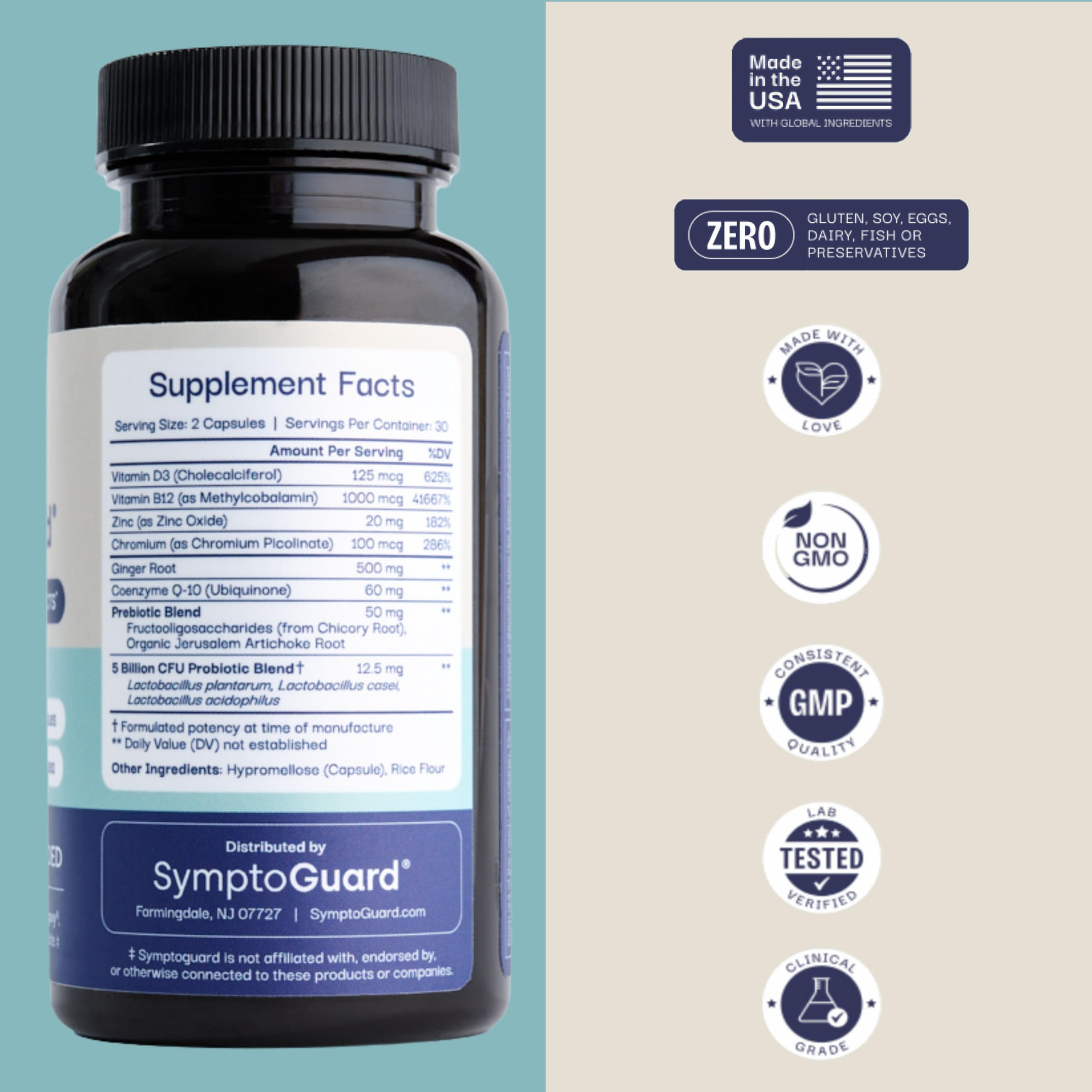 SymptoGuard GLP-1 bottle nutrition facts highlight probiotic and vitamin blend supporting daily energy.