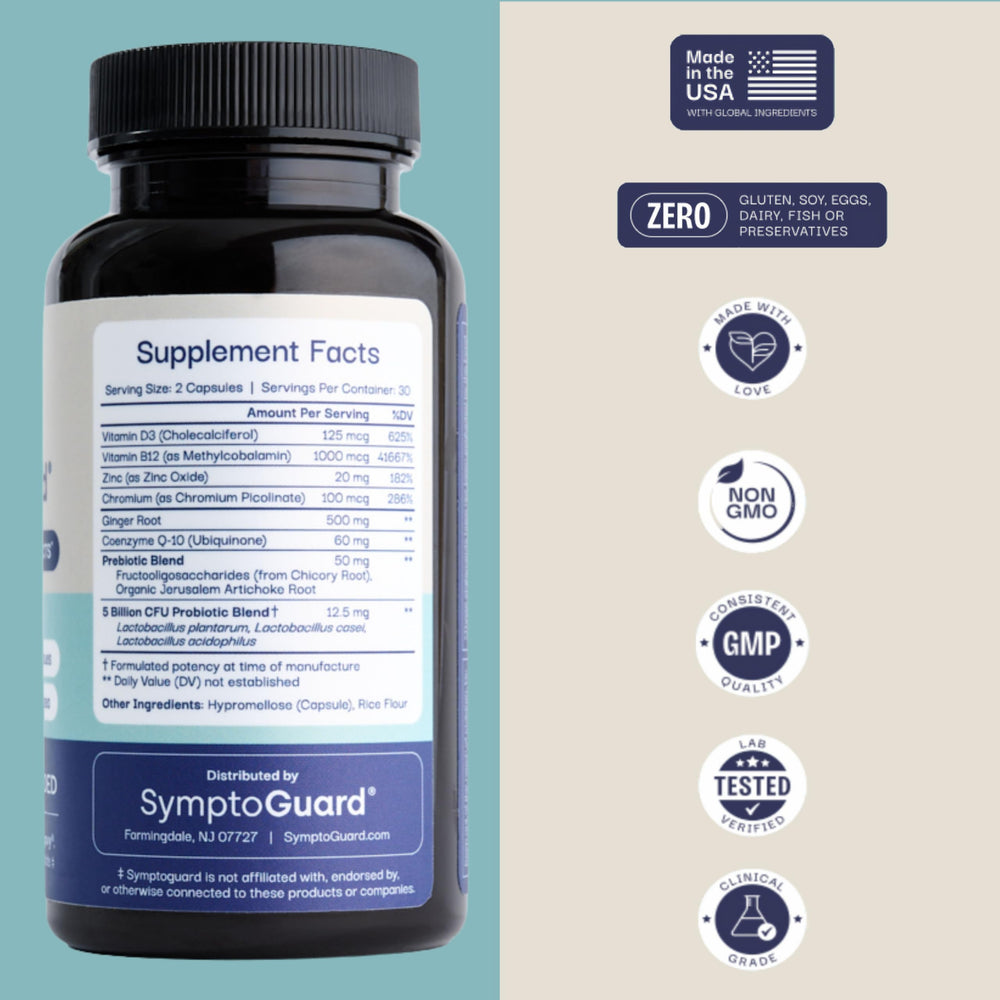 SymptoGuard GLP-1 bottle nutrition facts highlight probiotic and vitamin blend supporting daily energy.