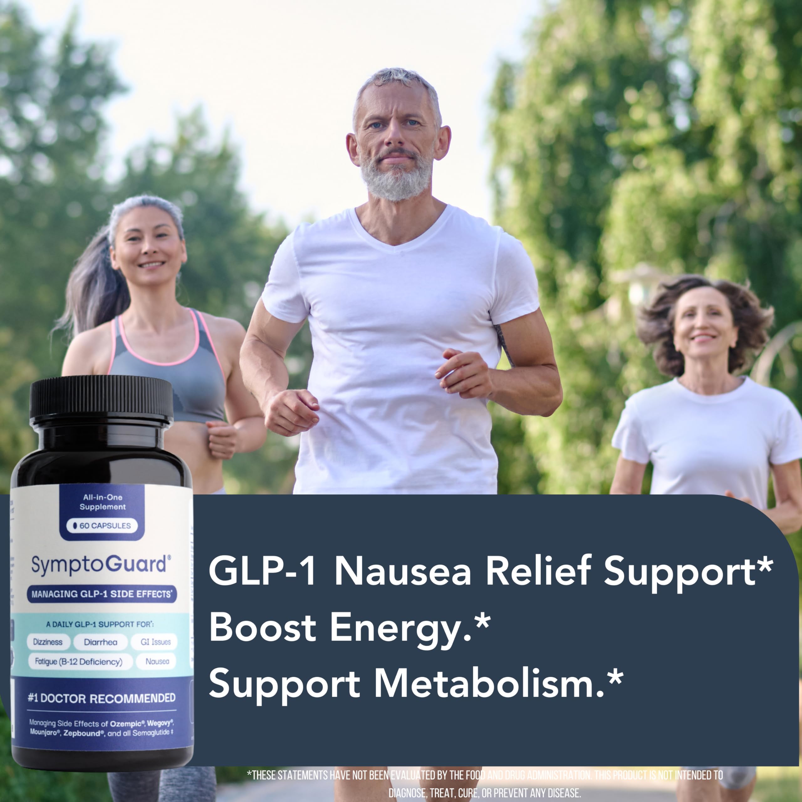 SymptoGuard GLP-1 prebiotic fiber graphic suggests gut-friendly fiber pairing for balance.