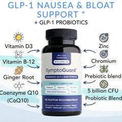 SymptoGuard GLP-1 probiotic capsules closeup illustrates a convenient daily capsule for regularity.