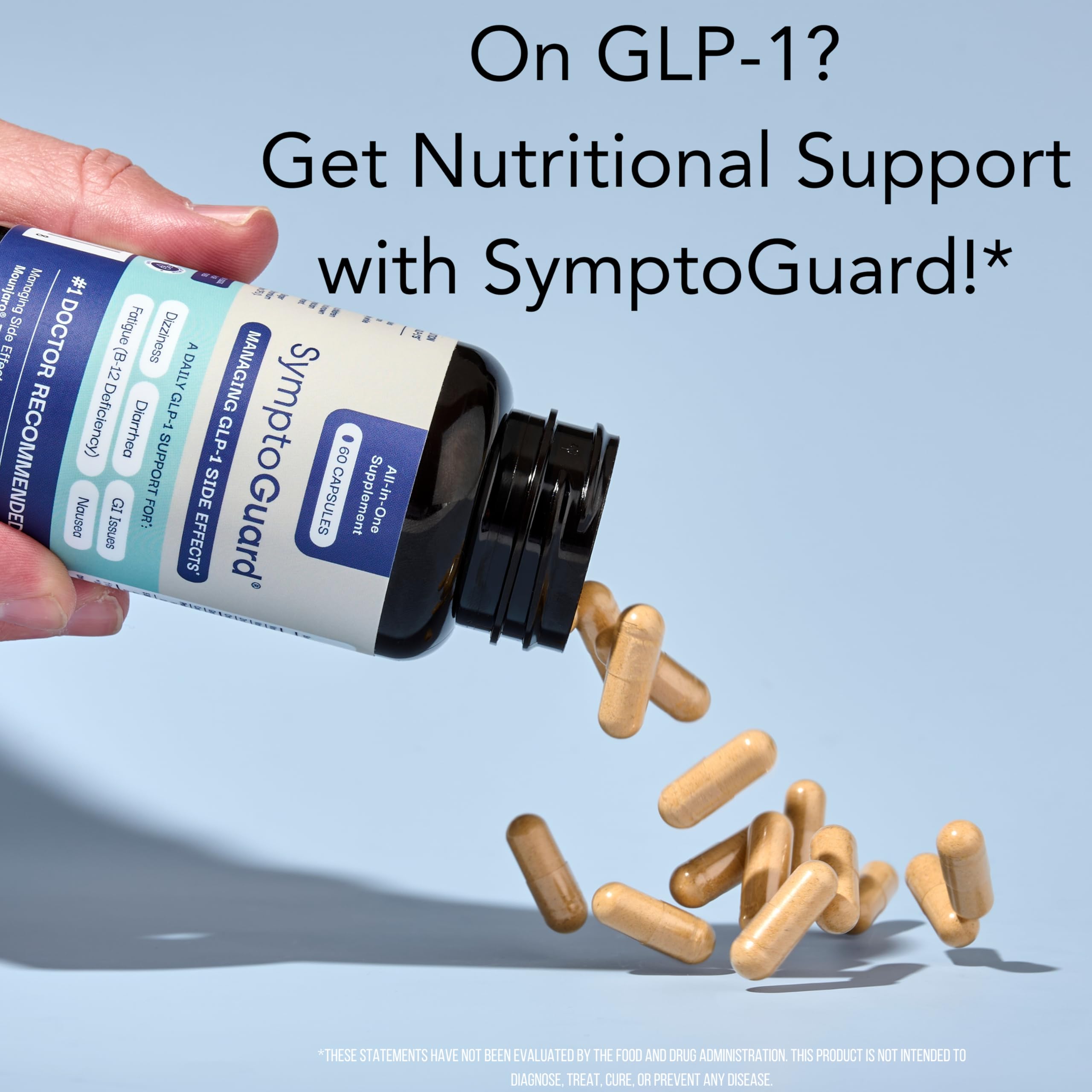 SymptoGuard GLP-1 vitamin D3 and B12 panel highlights energy support and daytime vitality.