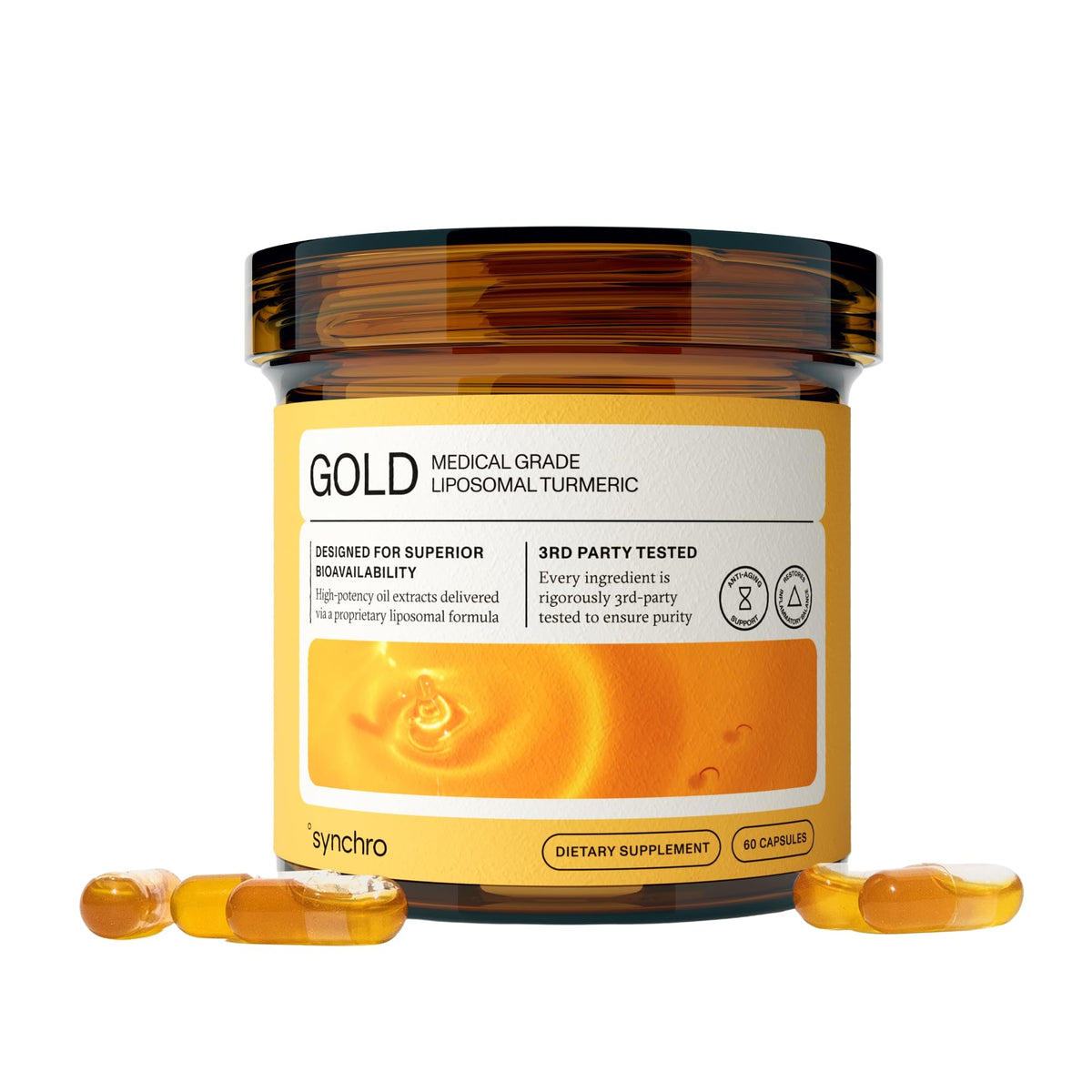Synchro Gold turmeric bottle front, premium liposomal formula for daily wellness.