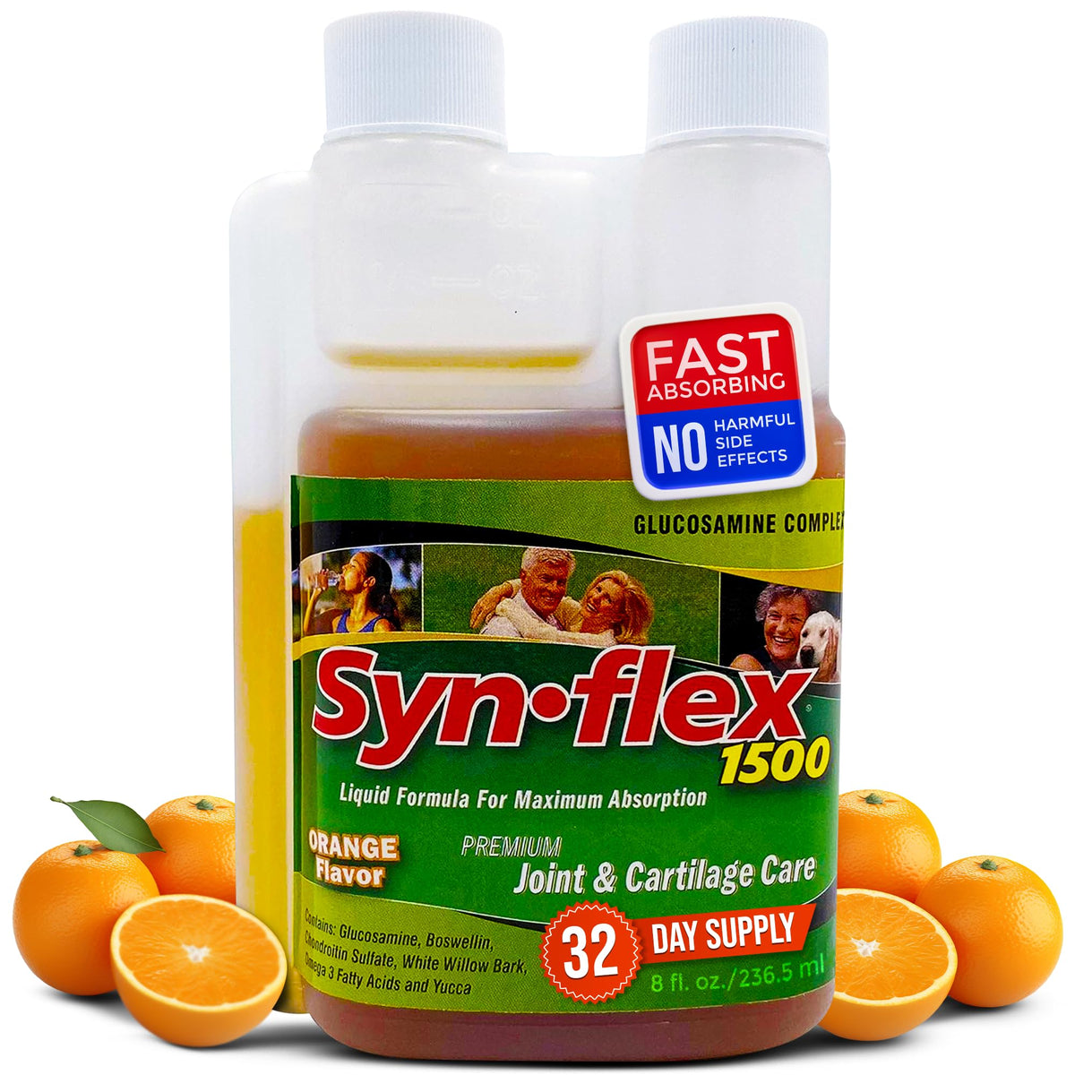 Synflex 1500mg liquid glucosamine–chondroitin bottle front for joint support.
