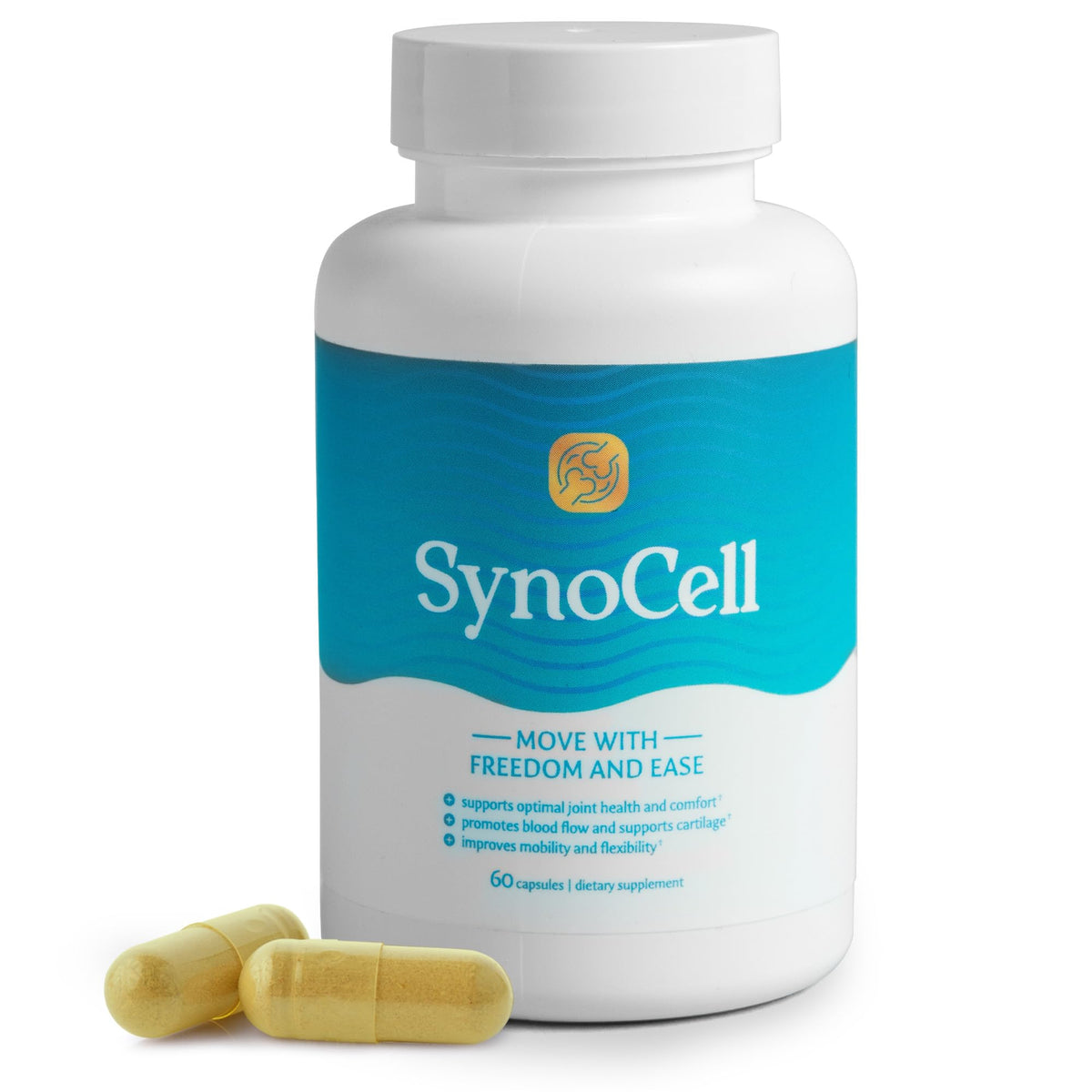 Synocell glucosamine chondroitin bottle close-up supporting joint comfort and daily mobility
