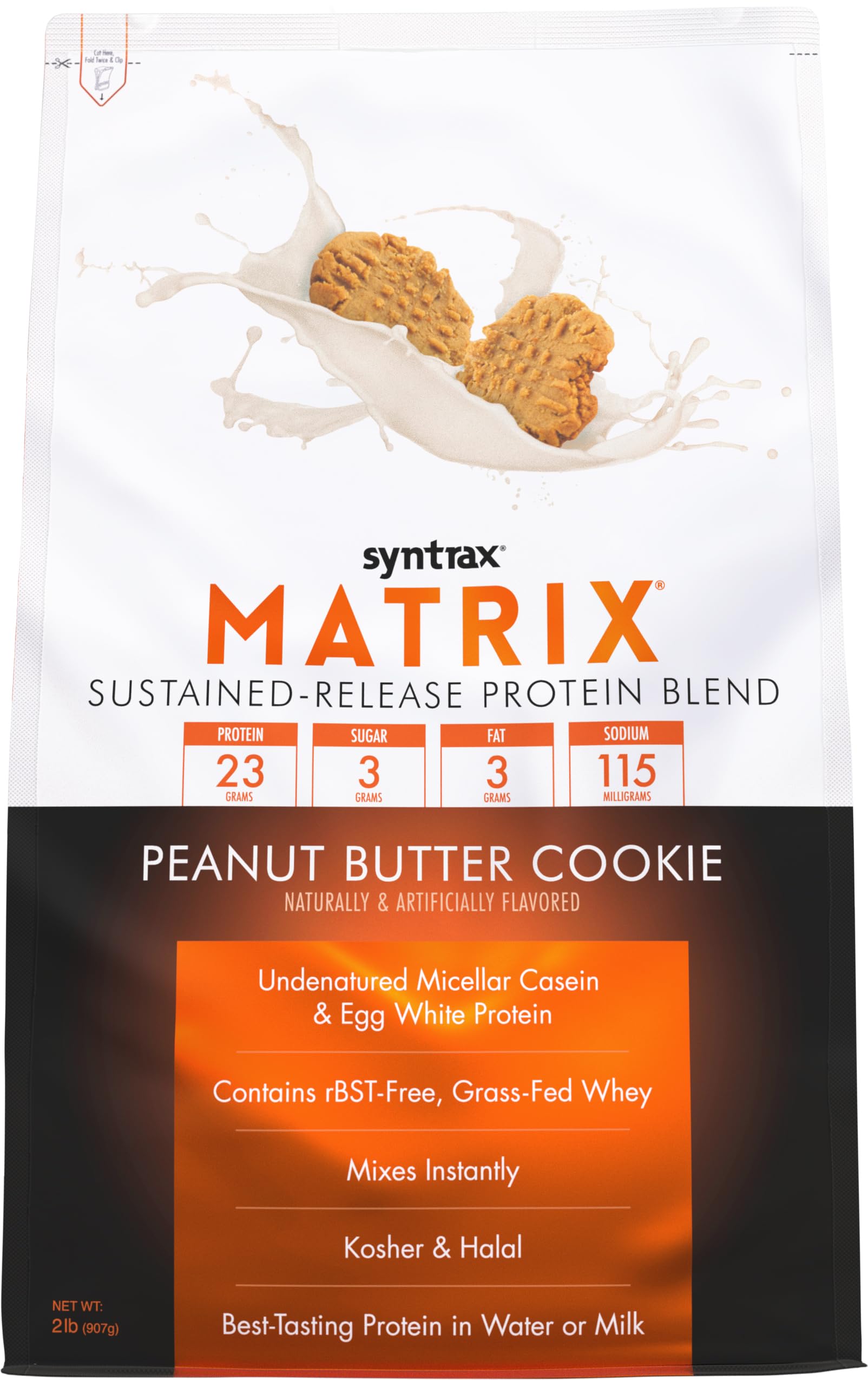 Syntrax Matrix peanut butter cookie tub front shows flavor and protein blend for daily use.