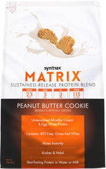Syntrax Matrix peanut butter cookie tub front shows flavor and protein blend for daily use.