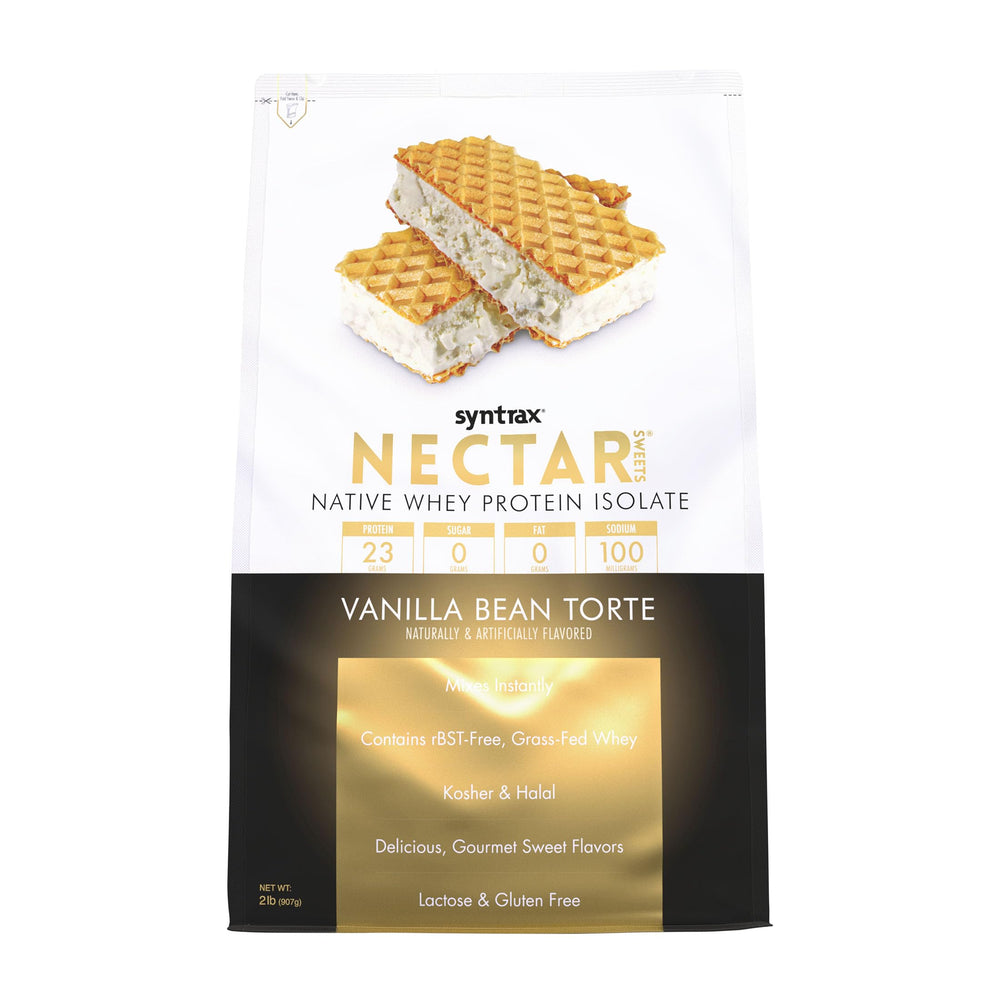 Syntrax Nectar Sweets Vanilla Bean Torte bottle showing native whey isolate and zero carbs