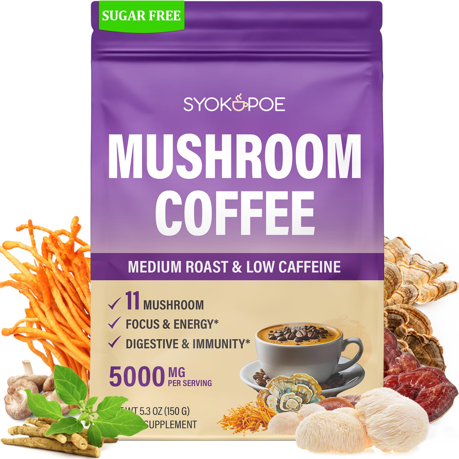 Syokupoe organic mushroom coffee 11-mushroom blend packaging highlights an energy-friendly experience.