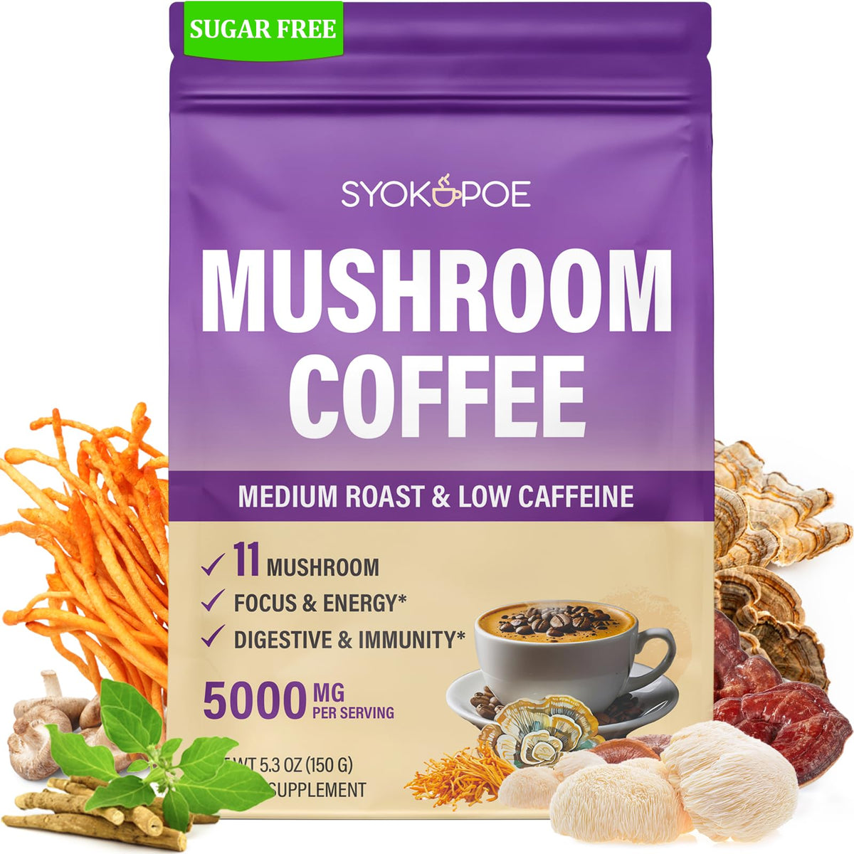 Syokupoe organic mushroom coffee 11-mushroom blend packaging highlights an energy-friendly experience.