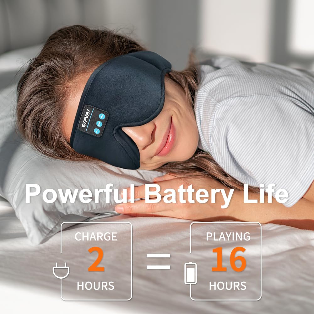 SYPVRY sleep mask with headphones demonstrating hands-free listening