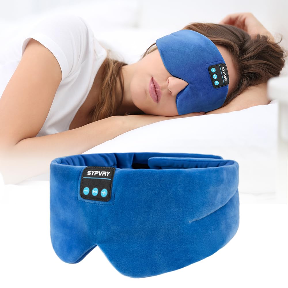 SYPVRY sleep mask with Bluetooth headphones worn on the head for wireless bedtime listening