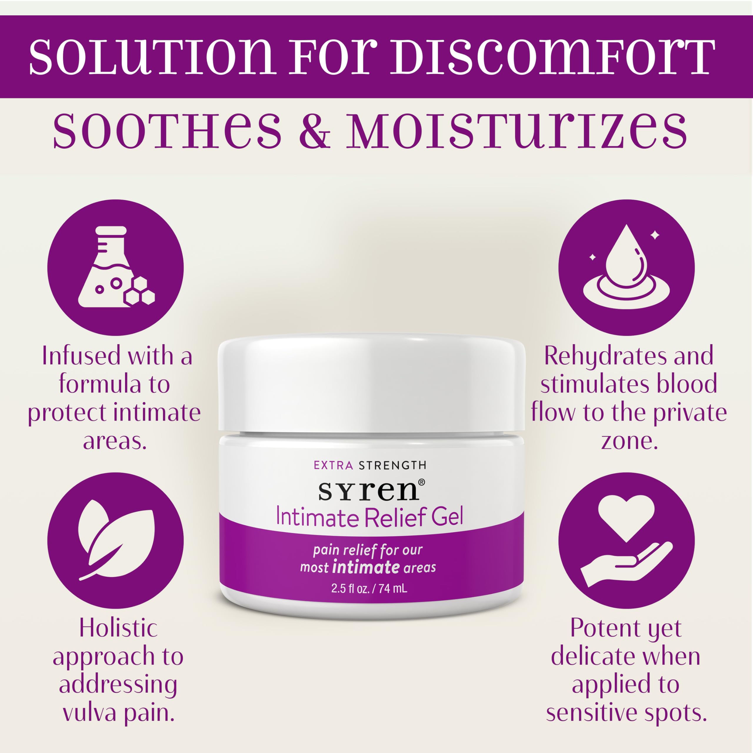 SYREN Intimate Relief Gel two point five oz packaging close-up reveals compact unscented formula