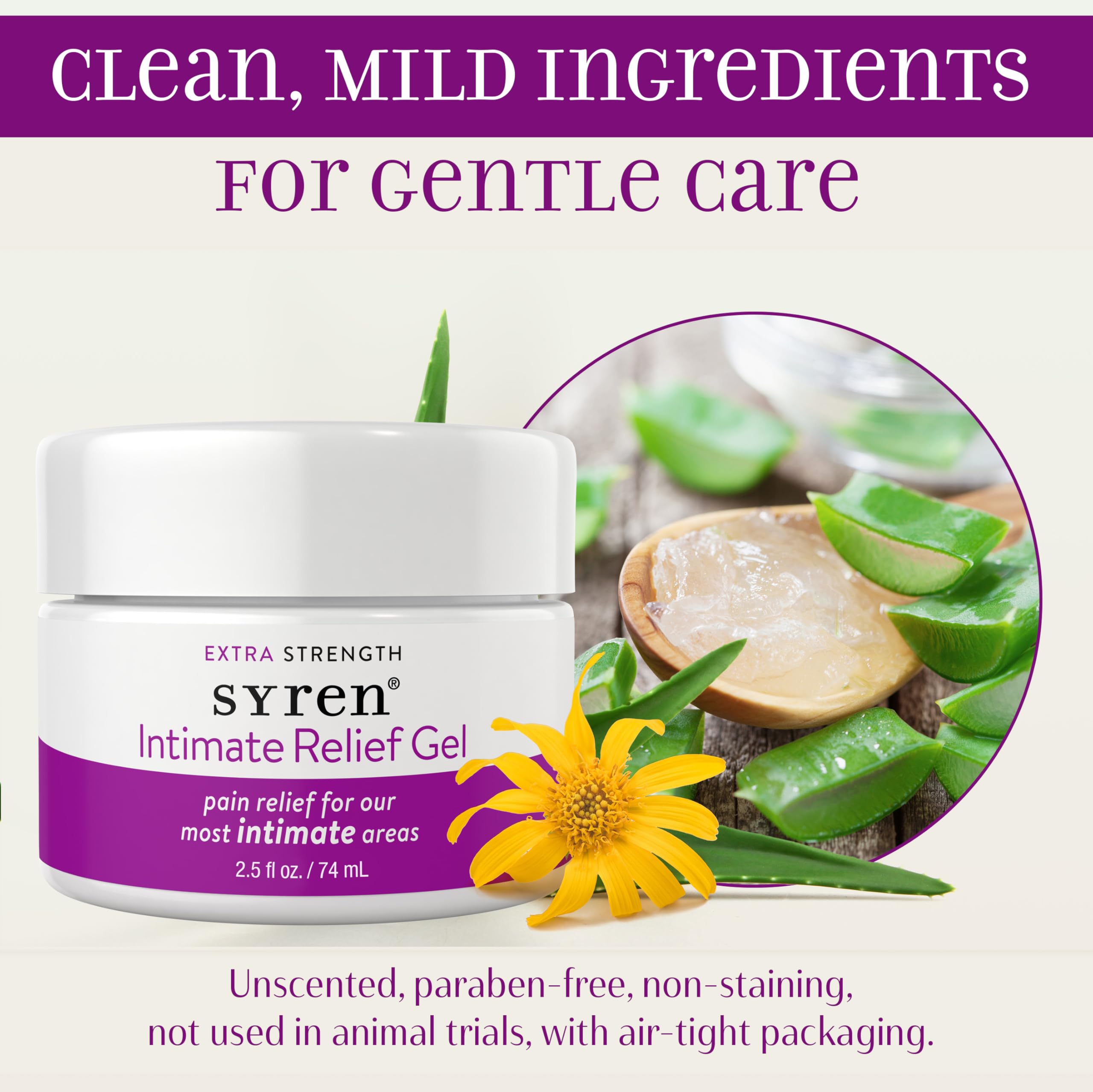 SYREN Intimate Relief Gel texture close-up highlighting silky application for sensitive skin