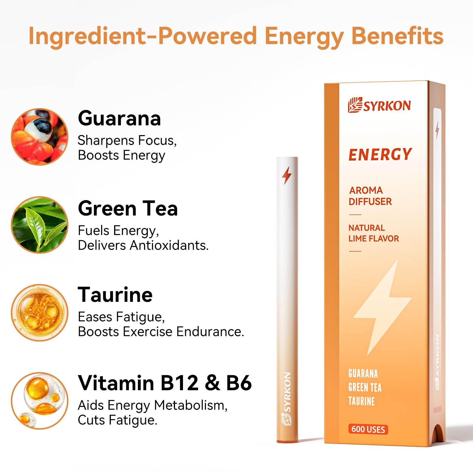SYRKON green tea, guarana, taurine ingredients close-up for vitality