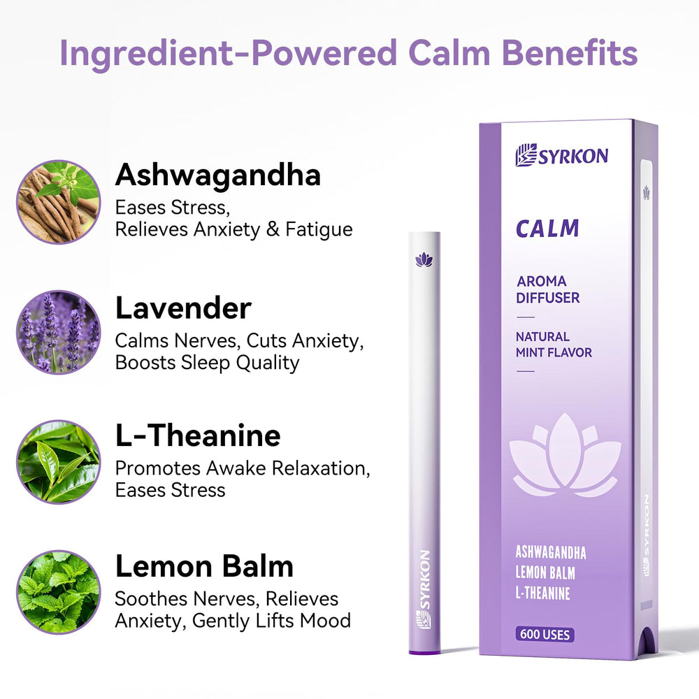 Syrkon herbal pen showcases ashwagandha in formula for mood balance cues.