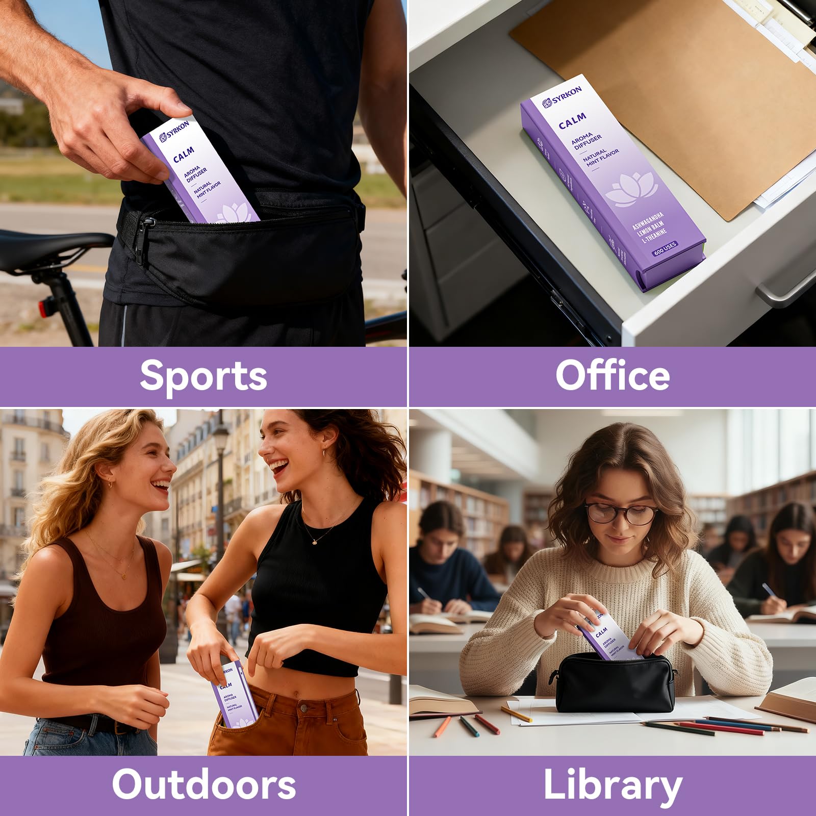 Syrkon diffuser pen highlights L-theanine for a relaxed state during work.