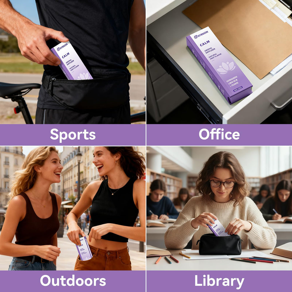 Syrkon diffuser pen highlights L-theanine for a relaxed state during work.