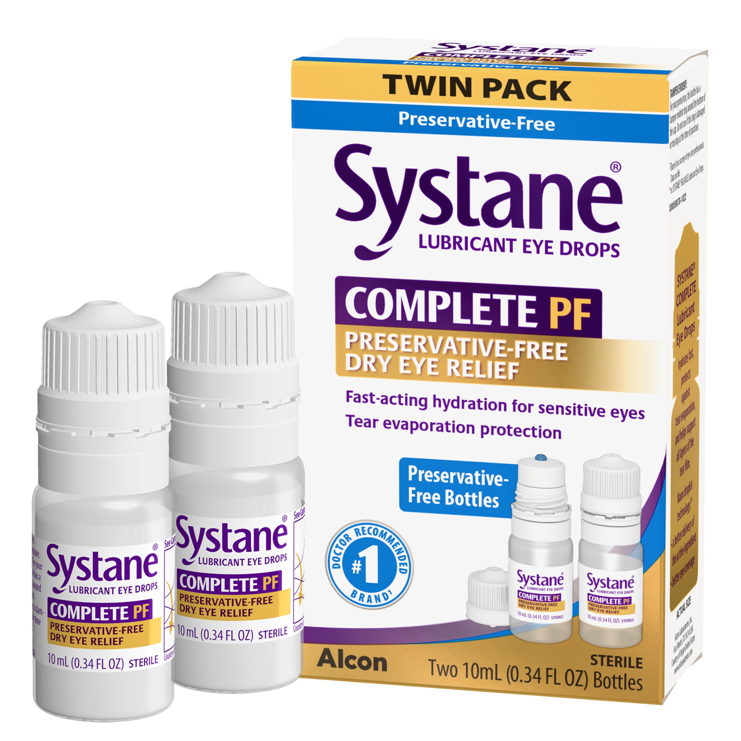 Systane Complete PF bottle pour shows fast-acting protection across the eye surface.