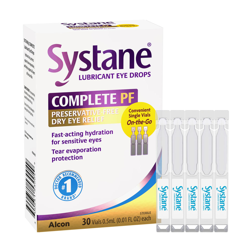 Systane Complete PF eye drops outer box shows preservative-free packaging for dry eye relief