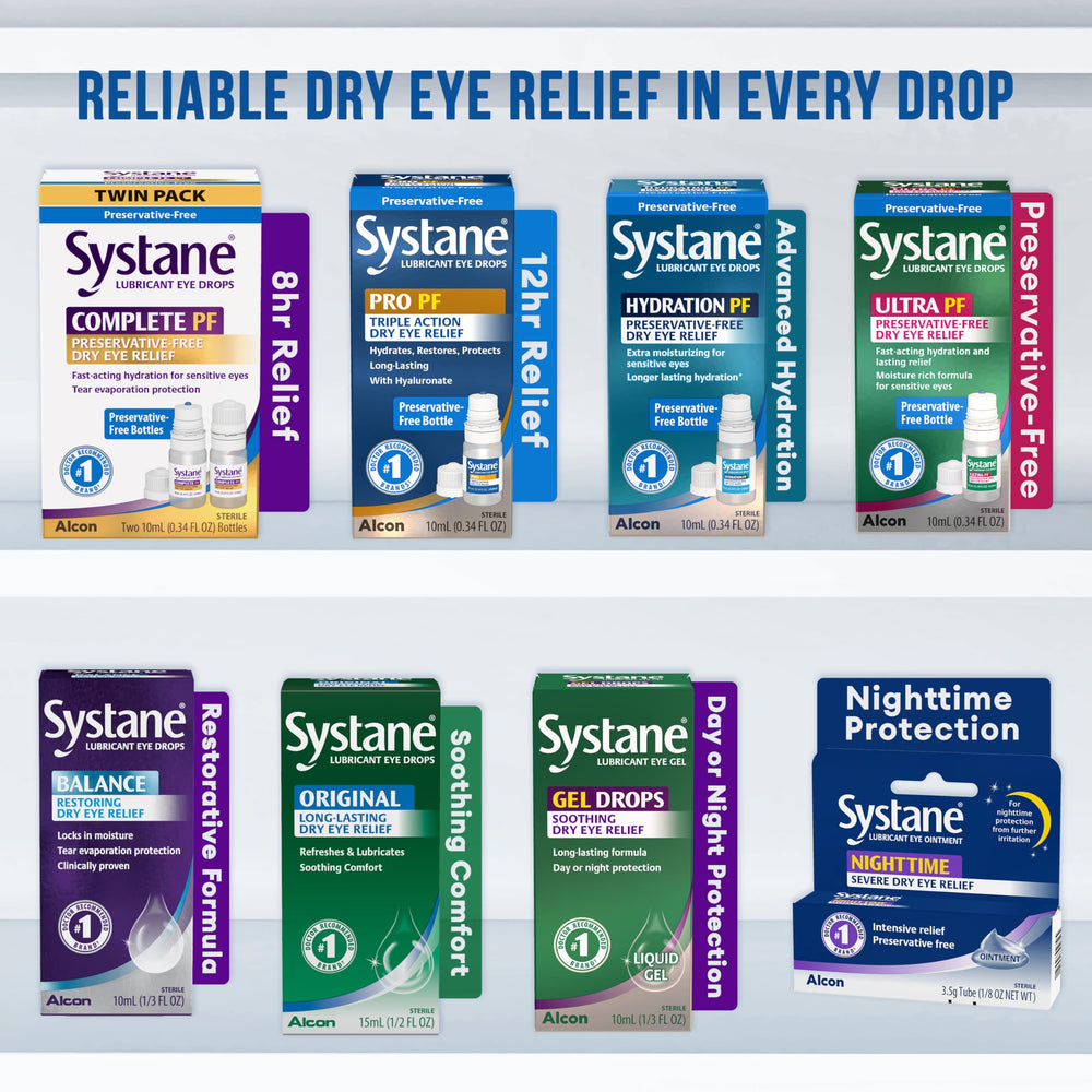 Systane Complete PF with soft contact lenses compatibility shown on wearer.