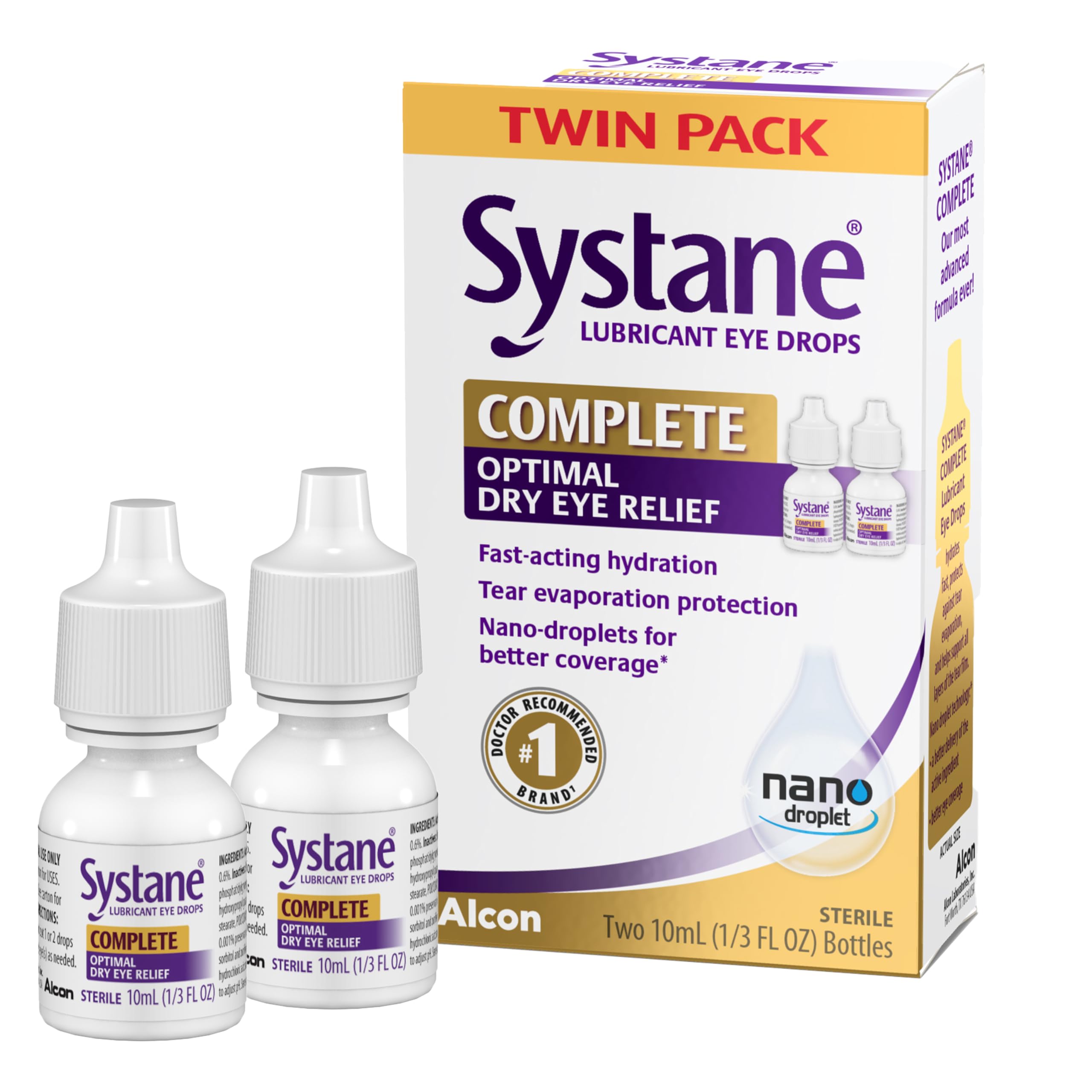 Systane Complete twin-pack bottle closeup showing compact packaging for easy use