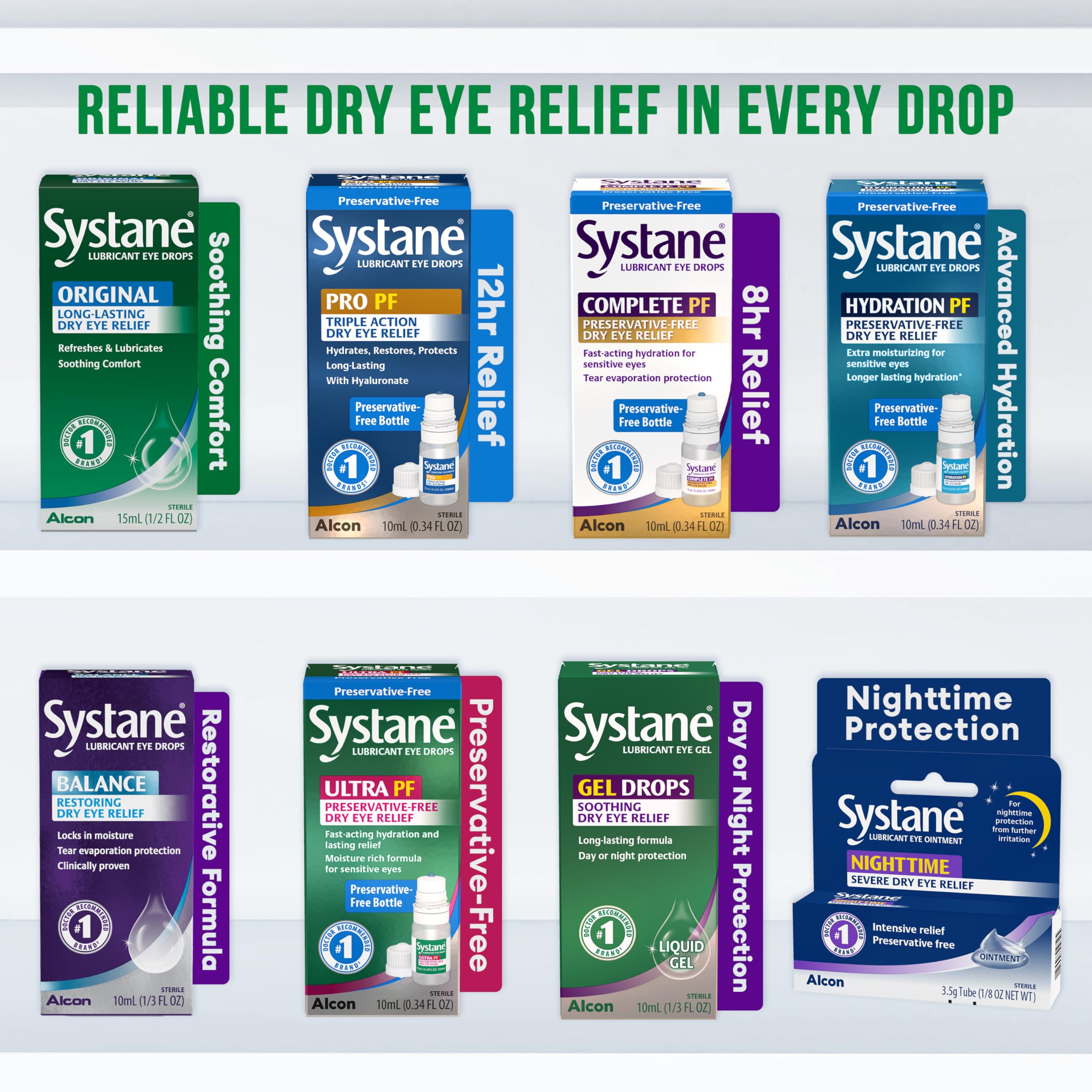 Dispensed drops highlight fast hydration from the Systane bottle