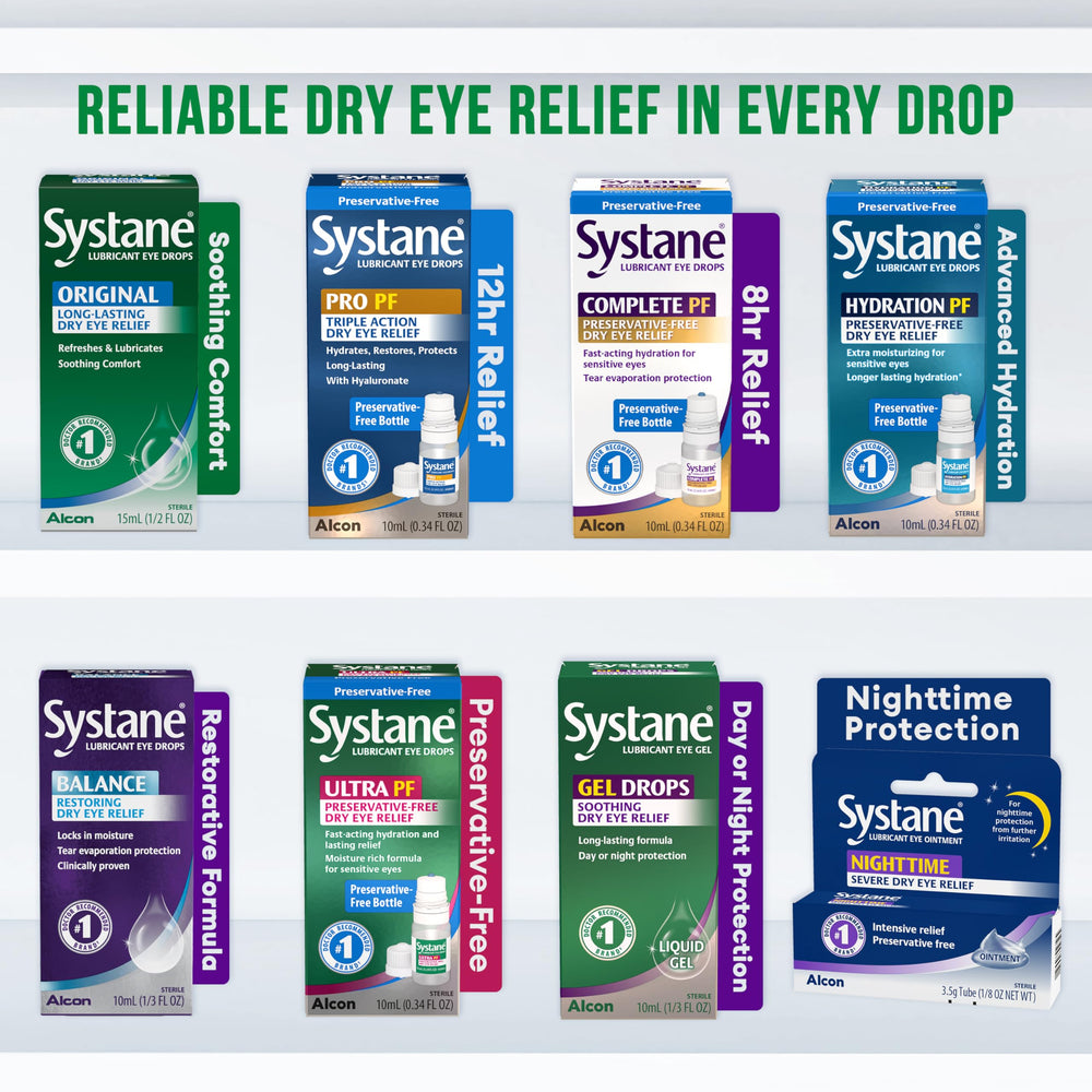 Dispensed drops highlight fast hydration from the Systane bottle