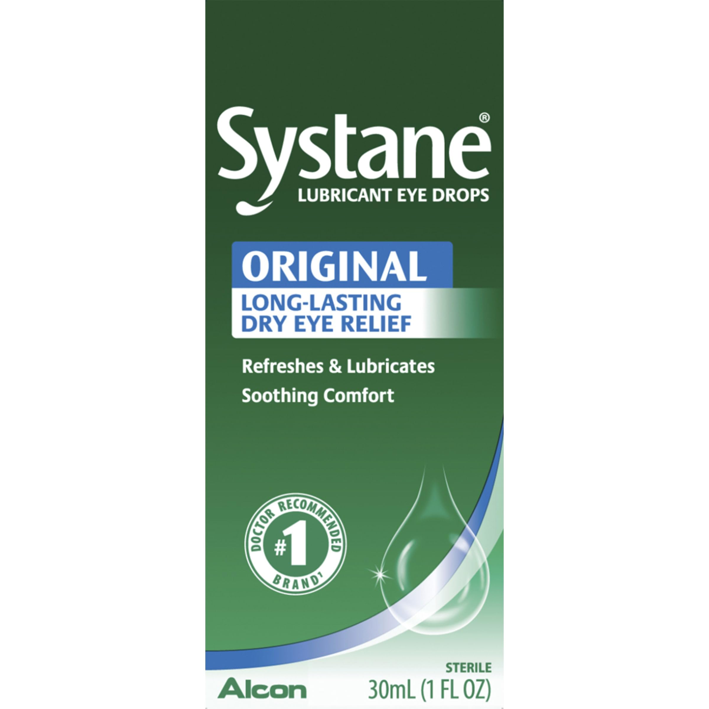 Closeup of Systane drops showing a smooth, lasting comfort formula