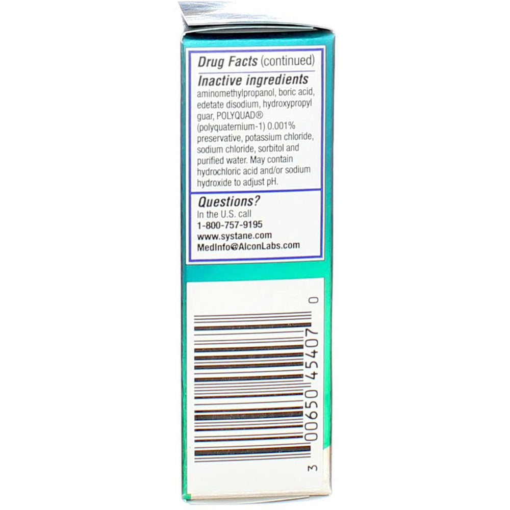Systane Gel Drops bottle label zoom emphasizes brand and clarity.