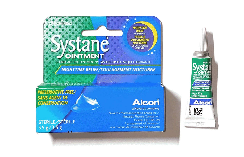 Systane Nighttime Ointment ingredients close-up featuring mineral oil and petrolatum