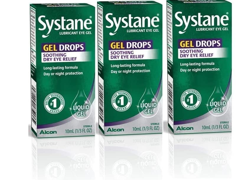 Systane lubricant eye gel drops bottle close-up shows smooth gel texture for long-lasting comfort.