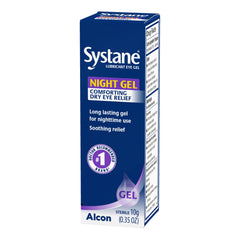 Systane Nighttime Eye Gel bottle shown, offering long-lasting protection while you sleep.