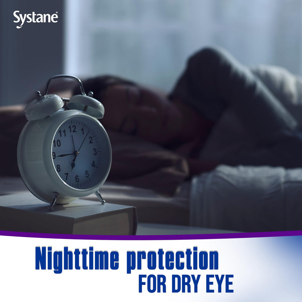 Systane Nighttime Eye Gel in-use shot suggests gentle application before bed.