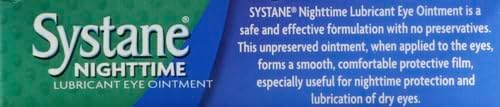 Box packaging of Systane Nighttime Ointment highlighting preservative-free formula