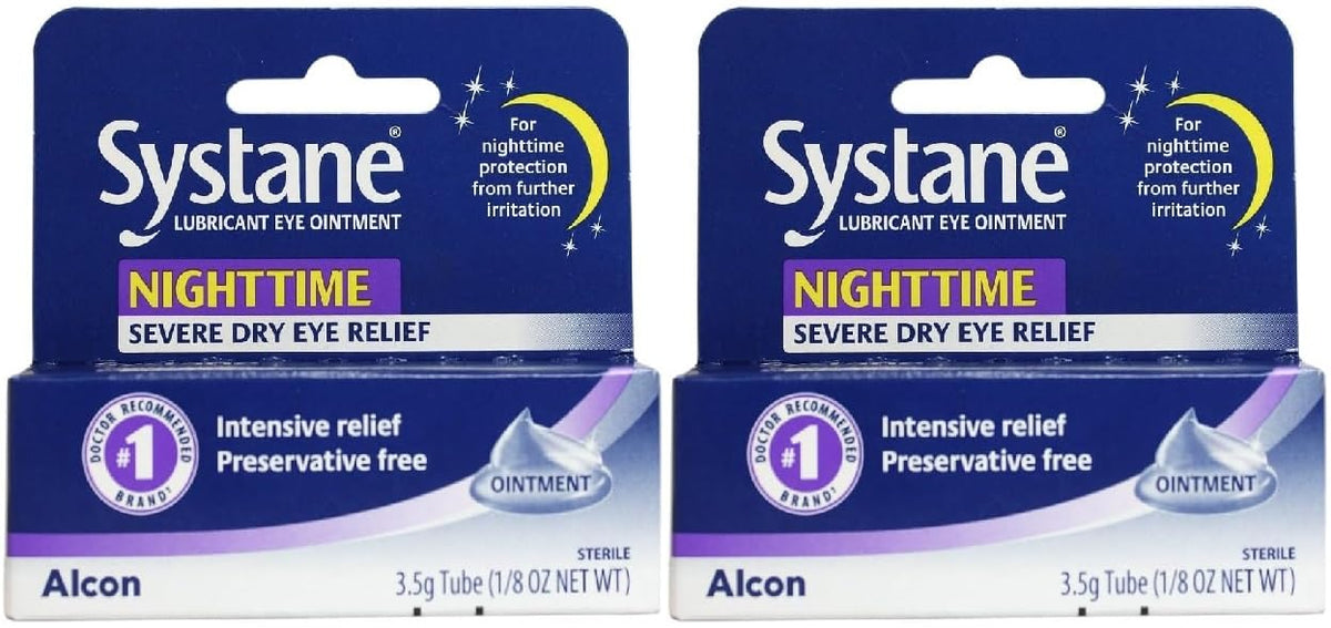 Systane Nighttime Ointment tube in a two-pack for overnight moisture protection