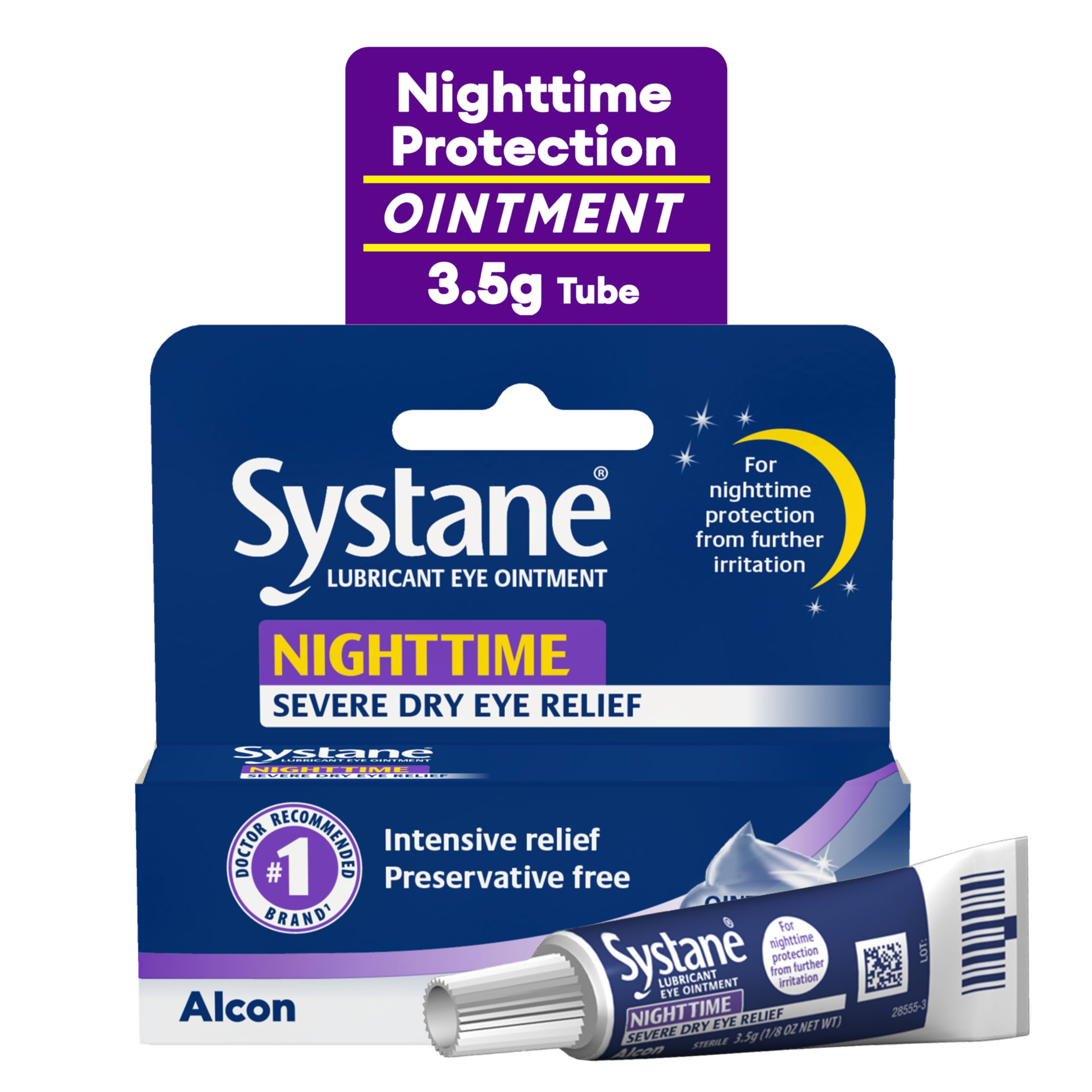 Systane Nighttime ointment tube ready for bedside use forms protective barrier overnight