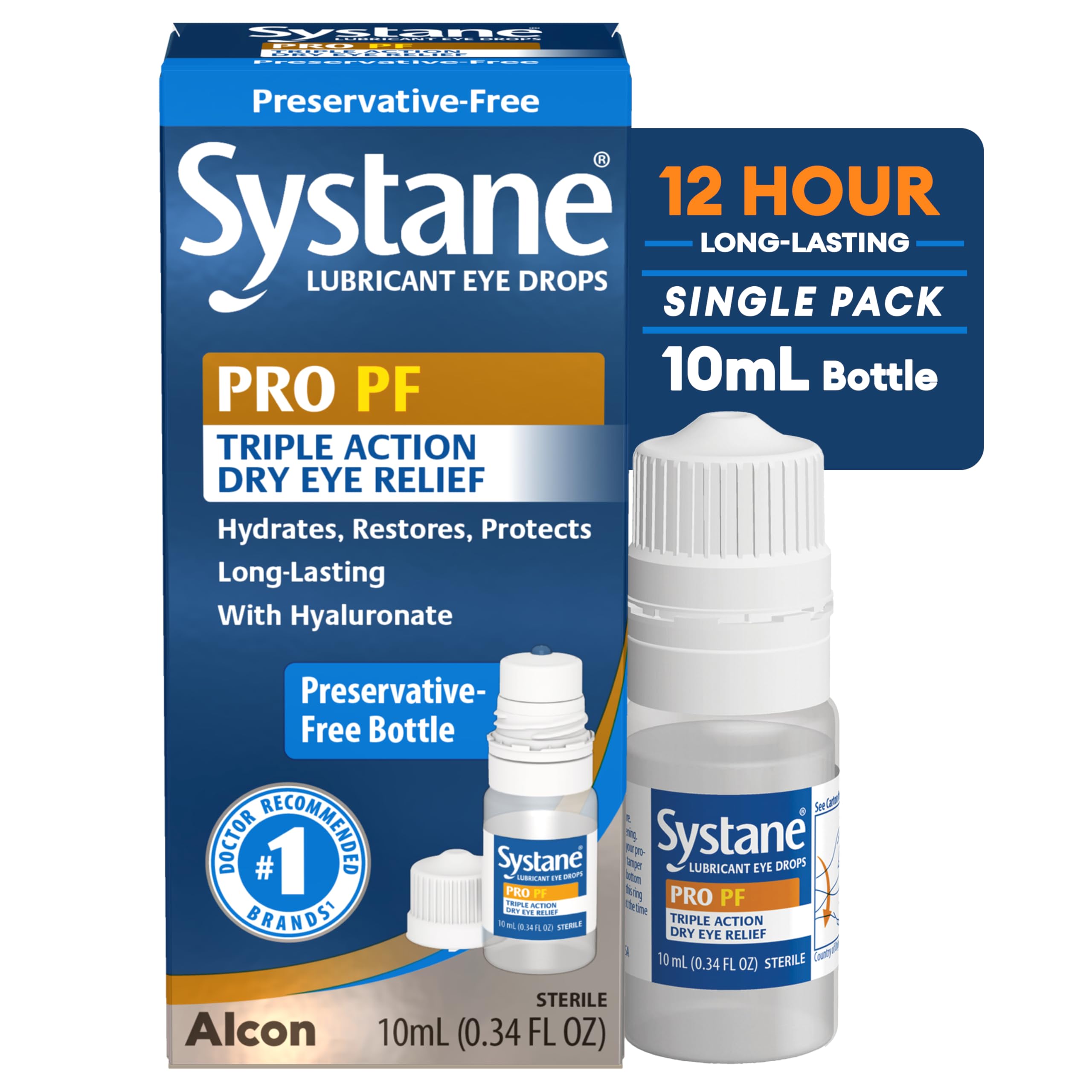 Systane Pro PF eye drops bottle closeup for soothing, long-lasting relief.